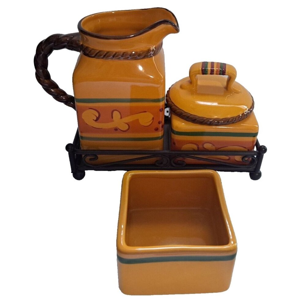 5 pc Celebrating Home Tuscan Home Creamer Sugar Lid‎ Ceramic Set Metal Stand